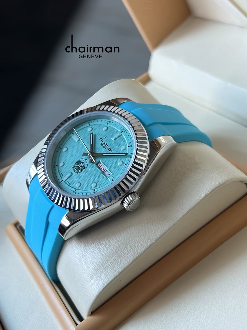Chairman Geneve UAE Emblem Day And Dated Baby Blue Gents Watch