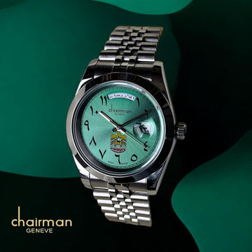 Chairman Geneve UAE Emblem Day And Dated Baby Green Dial Silver Chain Gents Watch