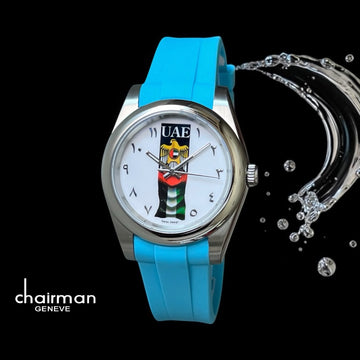 Chairman Geneve UAE Emblem Fag Arabic White Dial Baby Blue Strap Gents Watch