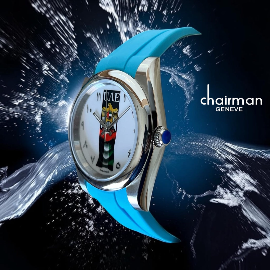 Chairman Geneve UAE Emblem Fag Arabic White Dial Baby Blue Strap Gents Watch