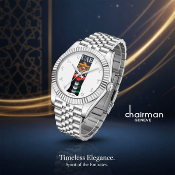 Chairman Geneve UAE Emblem Flag Arabic White Dial Silver Chain Gents Watch