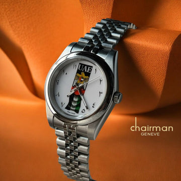 Chairman Geneve UAE Emblem Flag Arabic White Dial Silver Chain Gents Watch