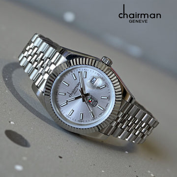 Chairman Geneve UAE Emblem Grey Dated Dial Silver Chain Gents Watch