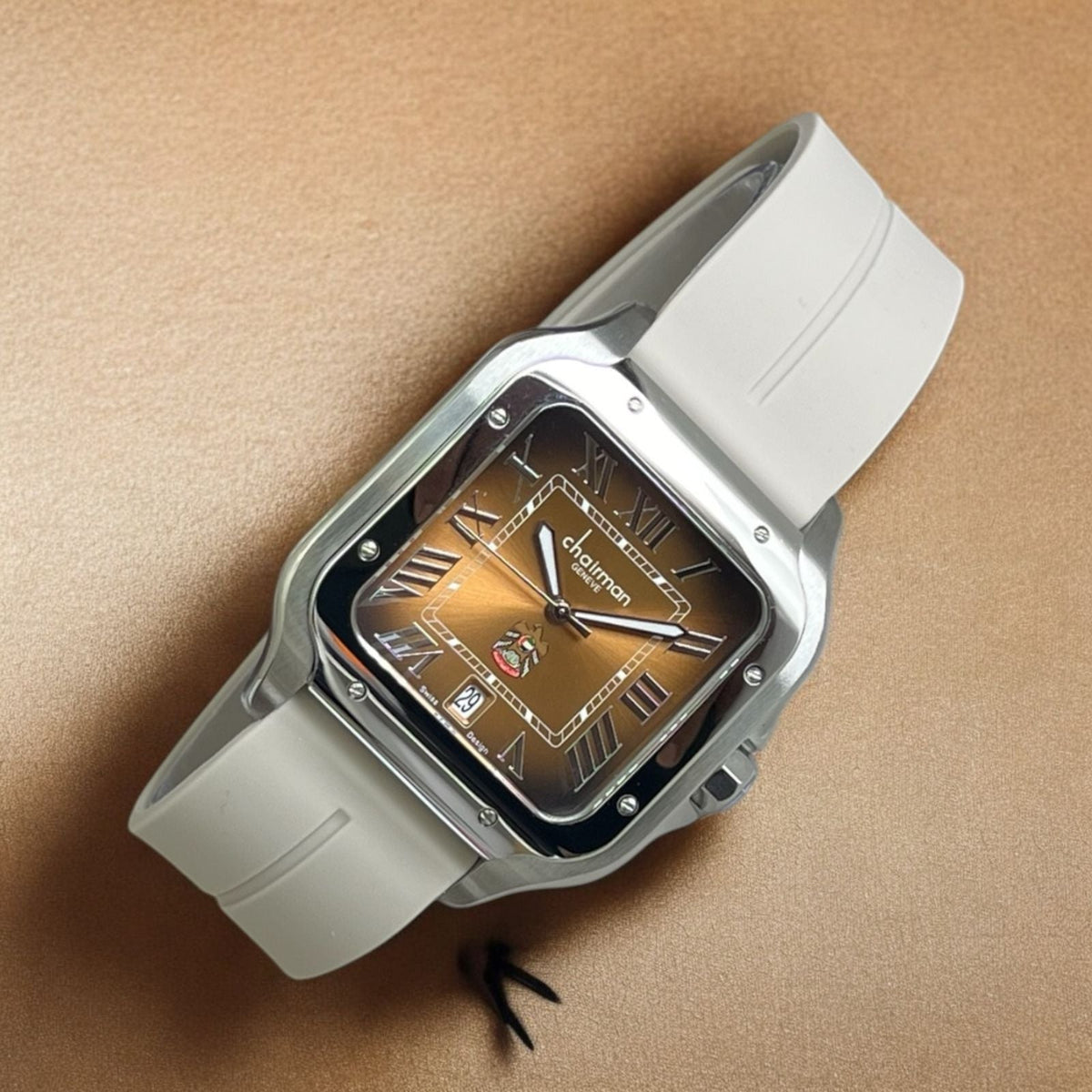 Chairman Geneve UAE Emblem Roman Brown Dial White Strap Gents Watch