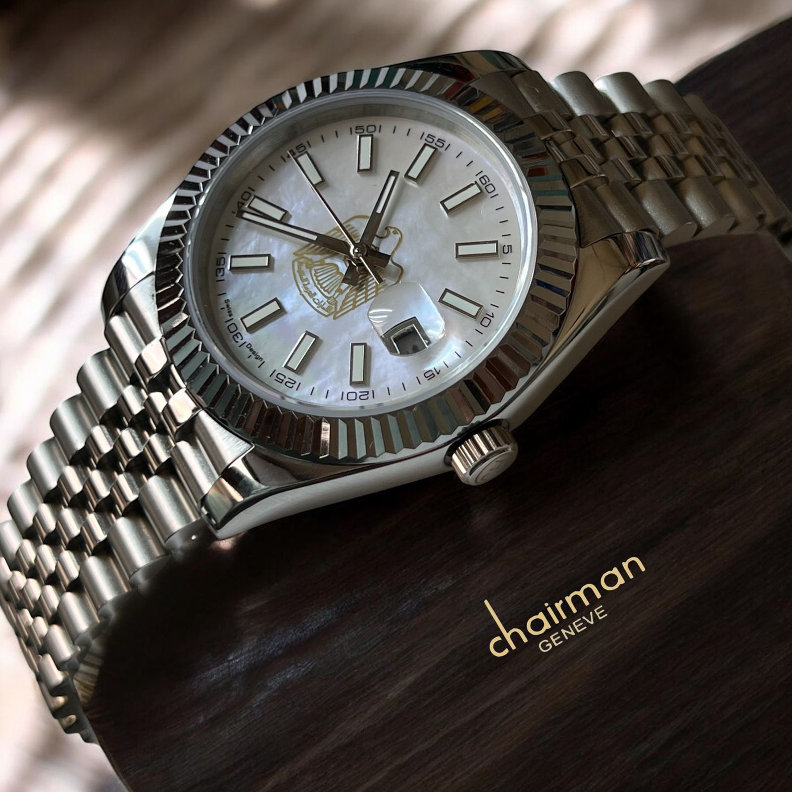 Chairman Geneve UAE Emblem White Dated Dial Silver Chain Gents Watch ...