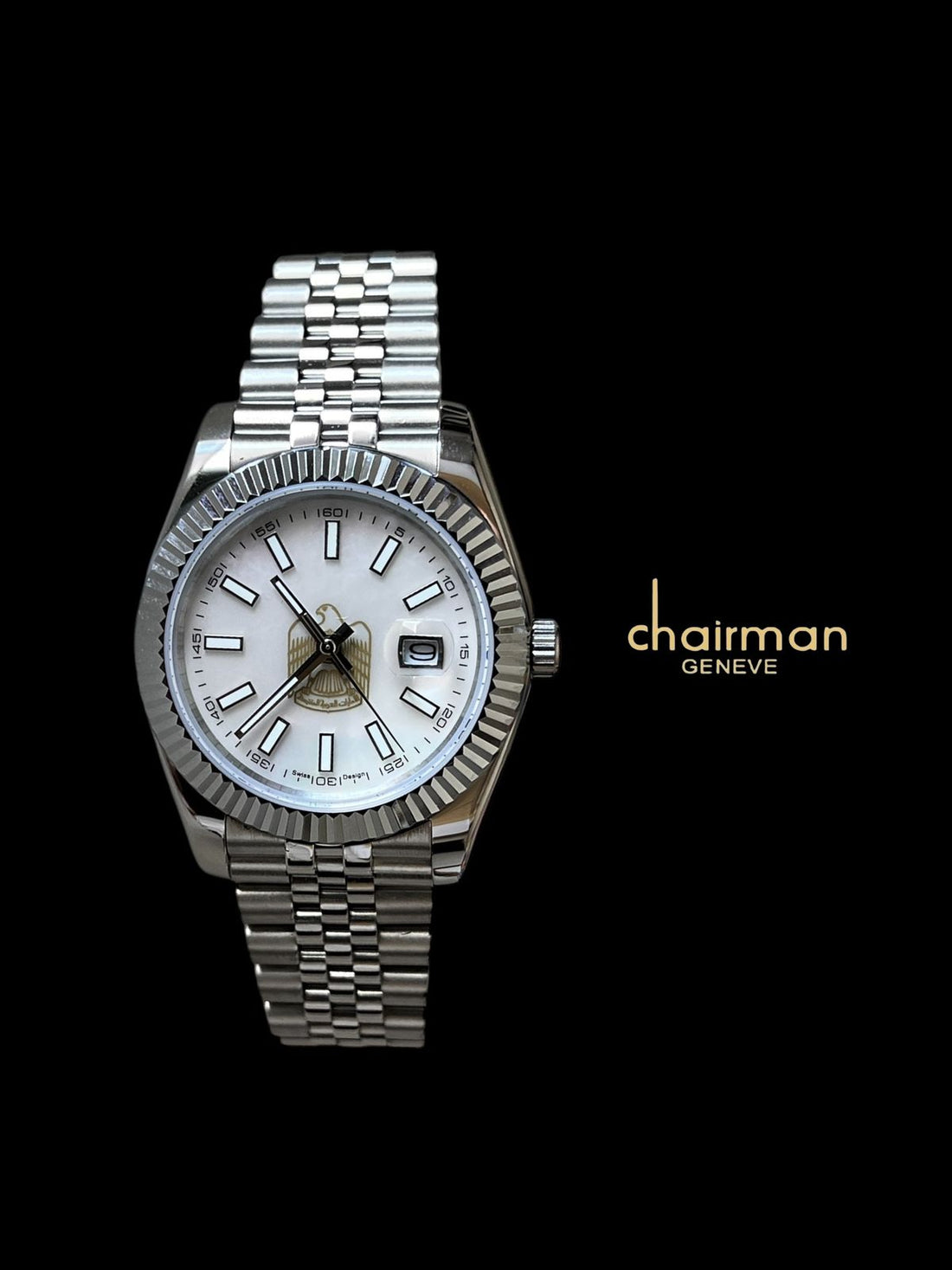 Chairman Geneve UAE Emblem White Dated Dial Silver Chain Gents Watch
