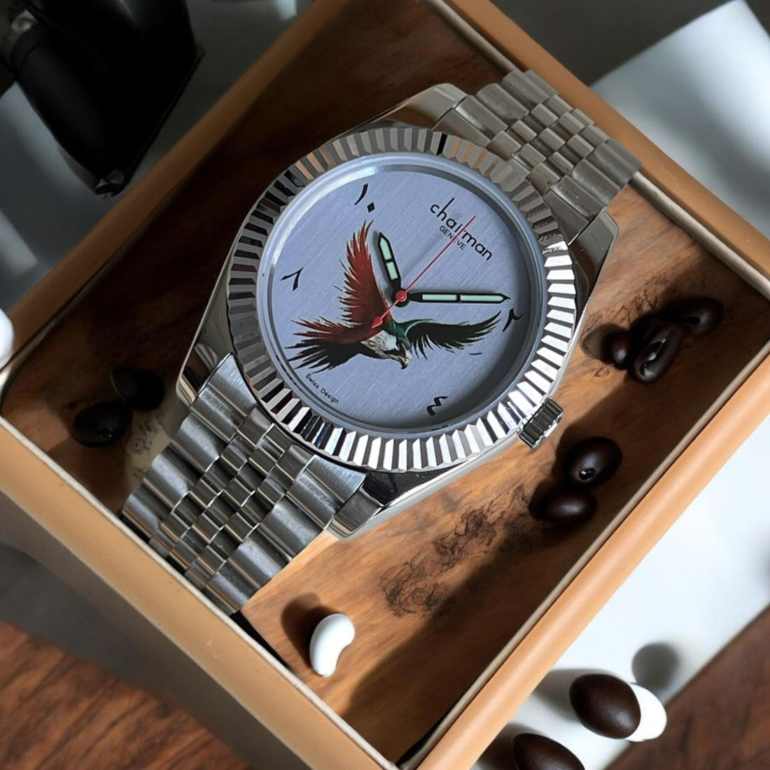 Chairman Geneve Flag Arabic Baby Grey Dial Silver Chain Gents Watch