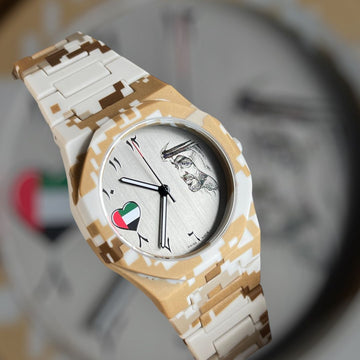 Chairman Geneve UAE Flag Sheik Photo Arabic Grey Dial White And Brown Poly Carbon Gents Watch