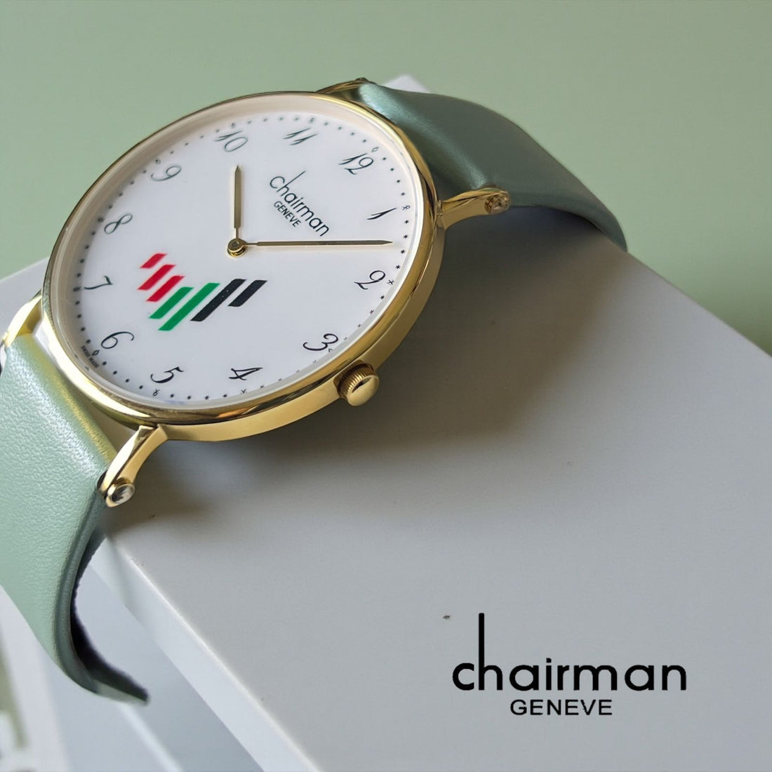 Chairman Geneve UAE Flag White Dial Pastel Green Strap Gents Watch
