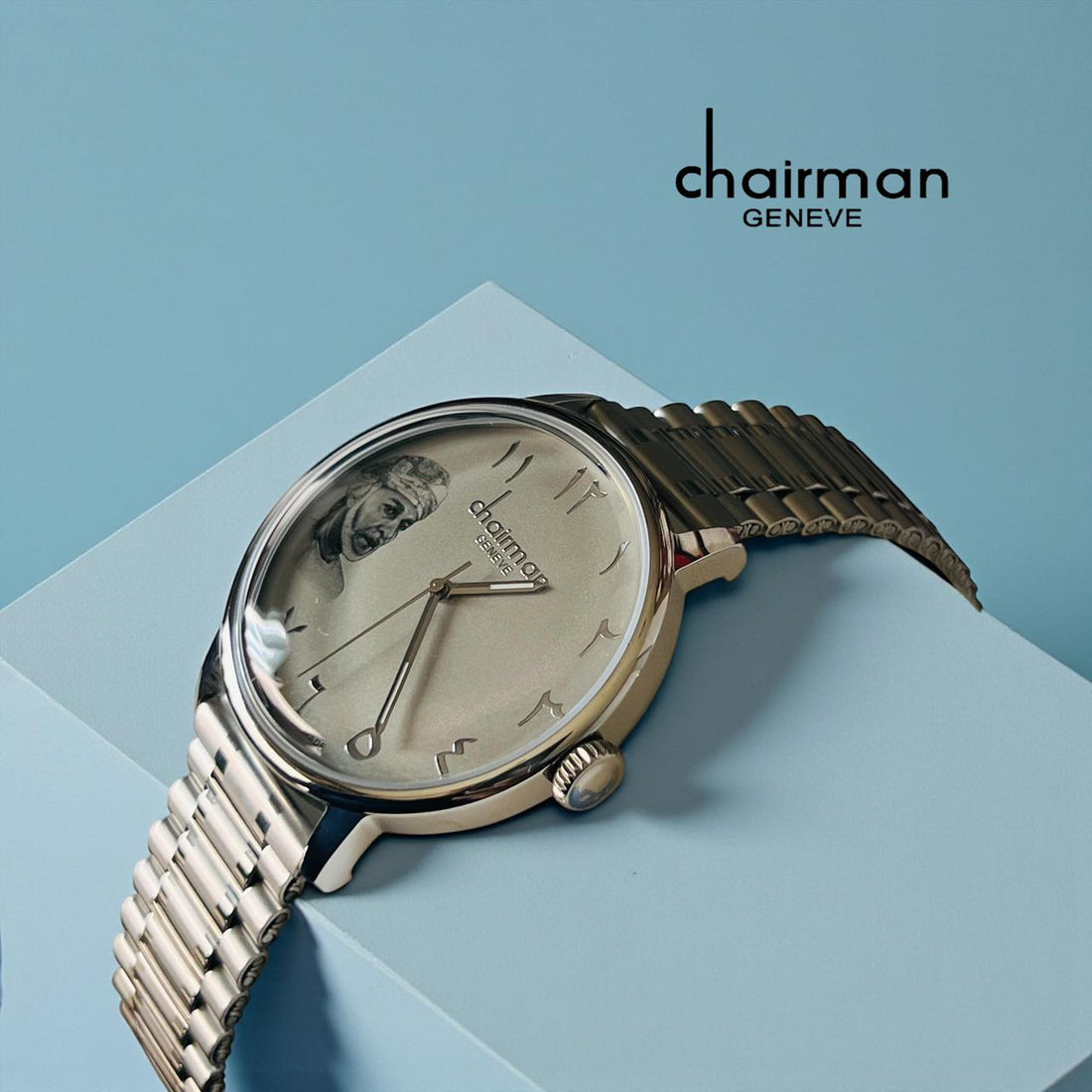 Chairman Geneve UAE Sheik Arabic Baby Grey Dial Silver Chain Gents Watch