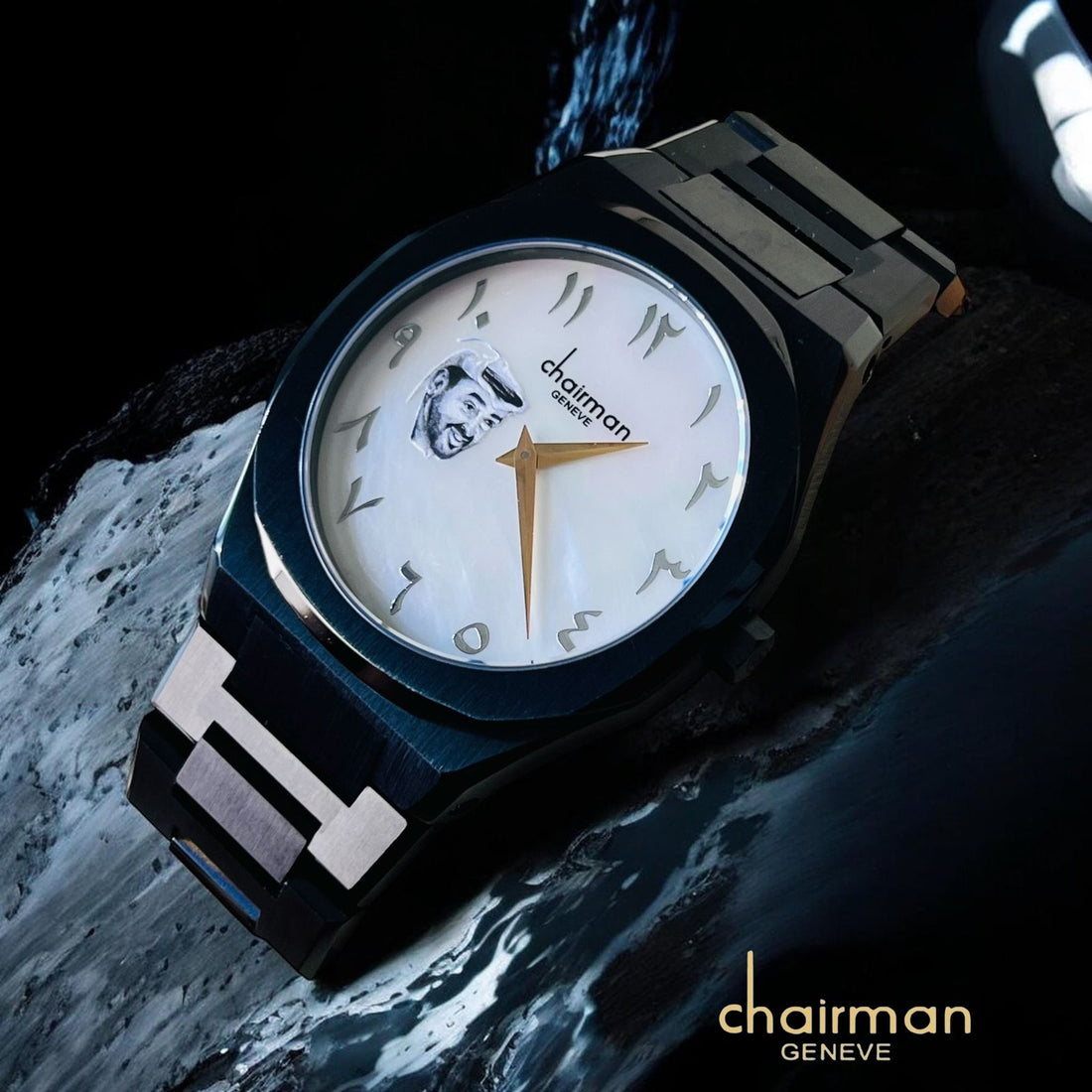 Chairman Geneve UAE Sheik Arabic White Dial Black Chain Gents Watch