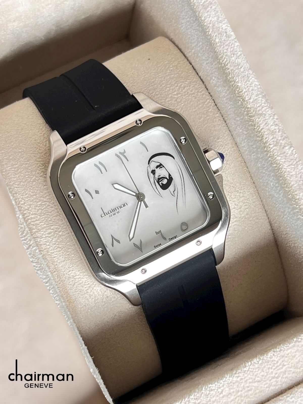 Chairman Geneve UAE Sheik Arabic White Dial Black Strap Gents Watch