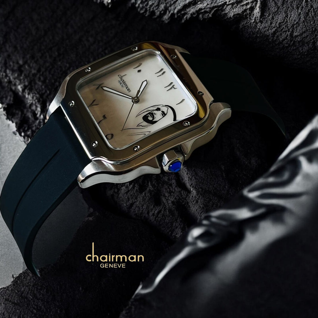 Chairman Geneve UAE Sheik Arabic White Dial Black Strap Gents Watch