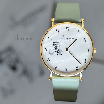 Chairman Geneve UAE Sheik Arabic White Marble Dial Baby Green Strap Gents Watch