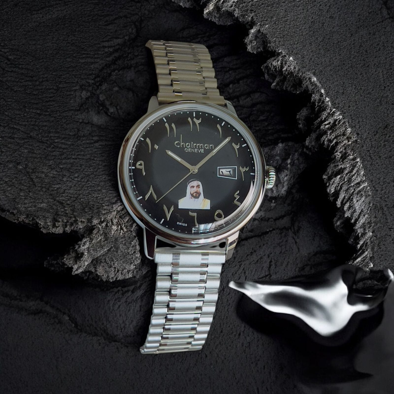 Chairman Geneve UAE Sheik Dated Arabic Black Dial Silver Chain Gents Watch
