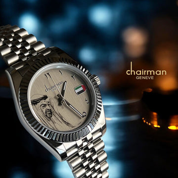 Chairman Geneve UAE Sheik Flag Photo Arabic Baby Grey Dial Silver Chain Gents Watch