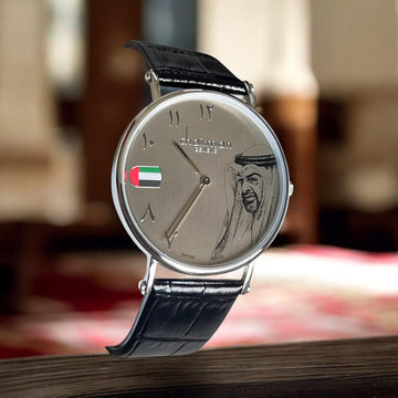 Chairman Geneve UAE Sheik Flag Photo Arabic Grey Dial Black Strap Gents Watch