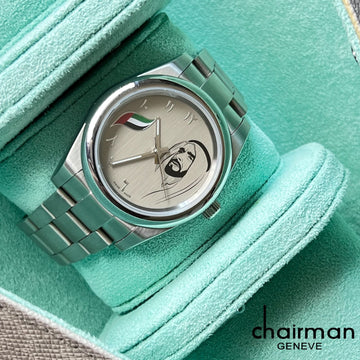 Chairman Geneve UAE Sheik Flag Photo Grey Dial Silver Chain Gents Watch