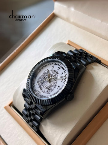 Chairman Geneve UAE Sheikh And Emblem White Arabic Dial Black Chain Gents Watch
