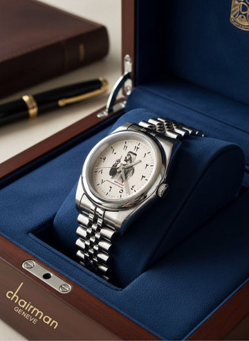 Chairman Geneve UAE Sheikh Arabic Beige Dial Silver Chain Gents Watch