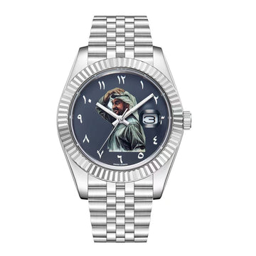 Chairman Geneve UAE Sheikh Arabic Dated Blue Dial Silver Chain Gents Watch