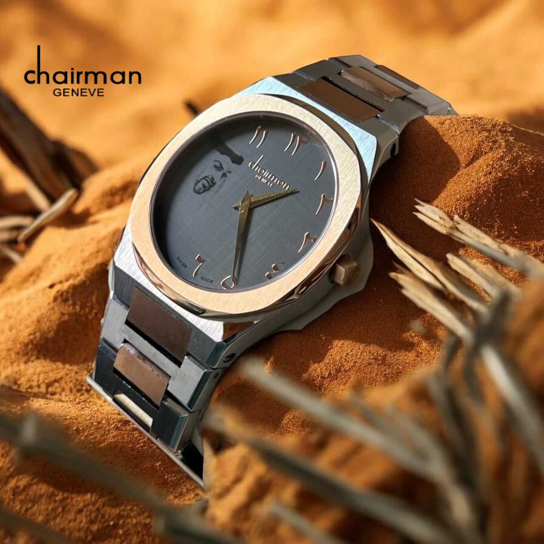 Chairman Geneve UAE Sheikh Arabic Grey Dial Silver And Gold Chain Gents Watch
