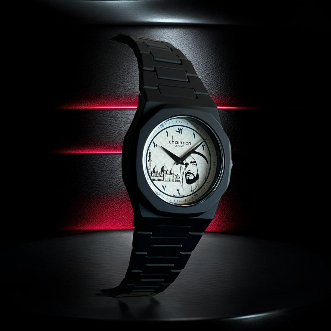 Chairman Geneve UAE Sheikh Arabic White Dial Black Gents Watch