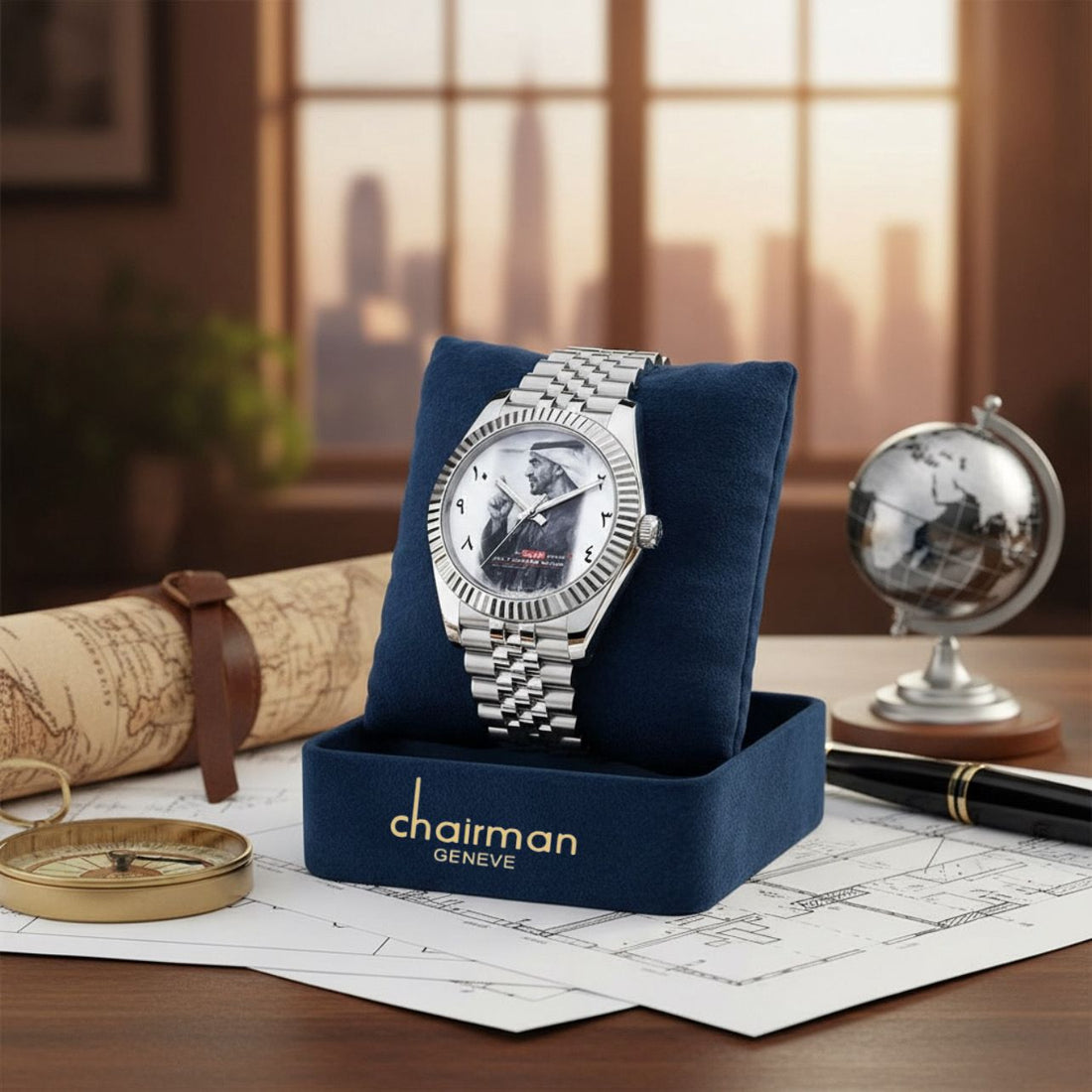 Chairman Geneve UAE Sheikh Arabic White Dial Silver Chain Gents Watch