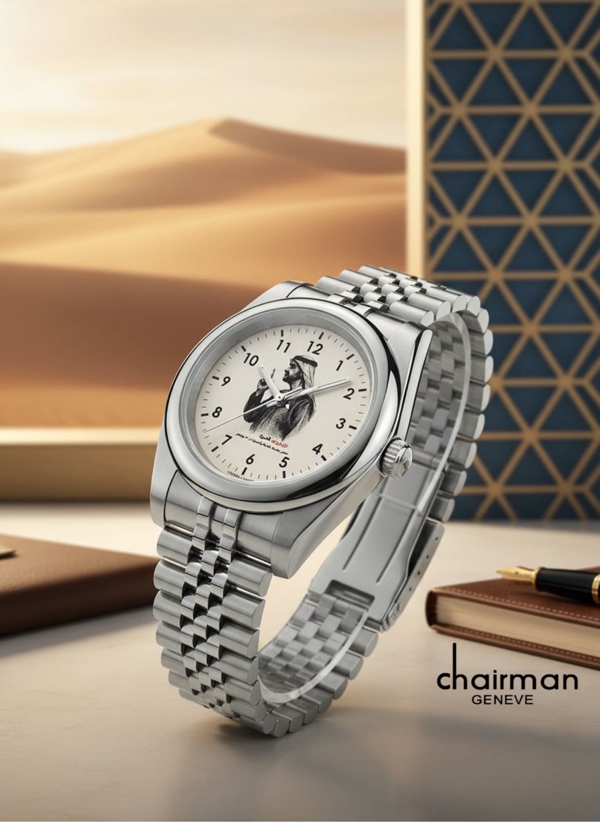 Chairman Geneve UAE Sheikh Beige Dial Silver Chain Gents Watch – DealDXB