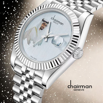 Chairman Geneve UAE Sheikh Dated Grey Dial Silver Chain Gents Watch