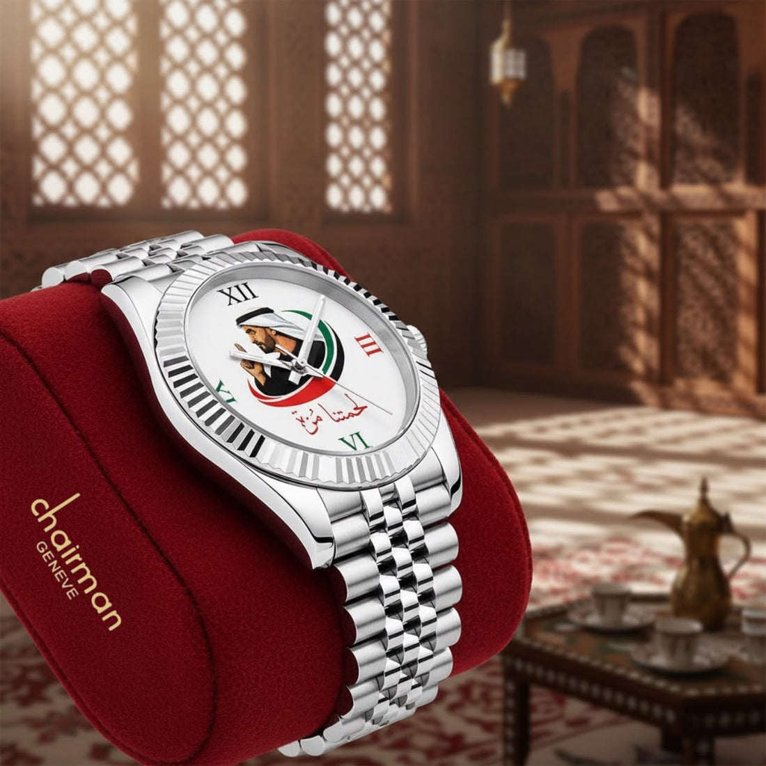 Chairman Geneve UAE Sheikh Flag Roman White Dial Silver Chain Gents Watch