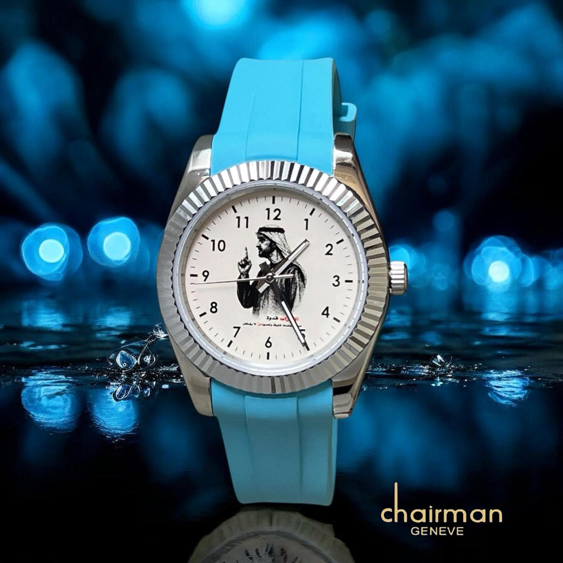 Chairman Geneve UAE Sheikh White Dial Baby Blue Strap Gents Watch