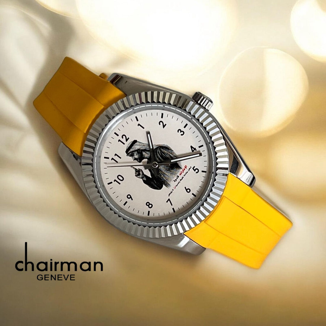 Chairman Geneve UAE Sheikh White Dial Yellow Strap Gents Watch