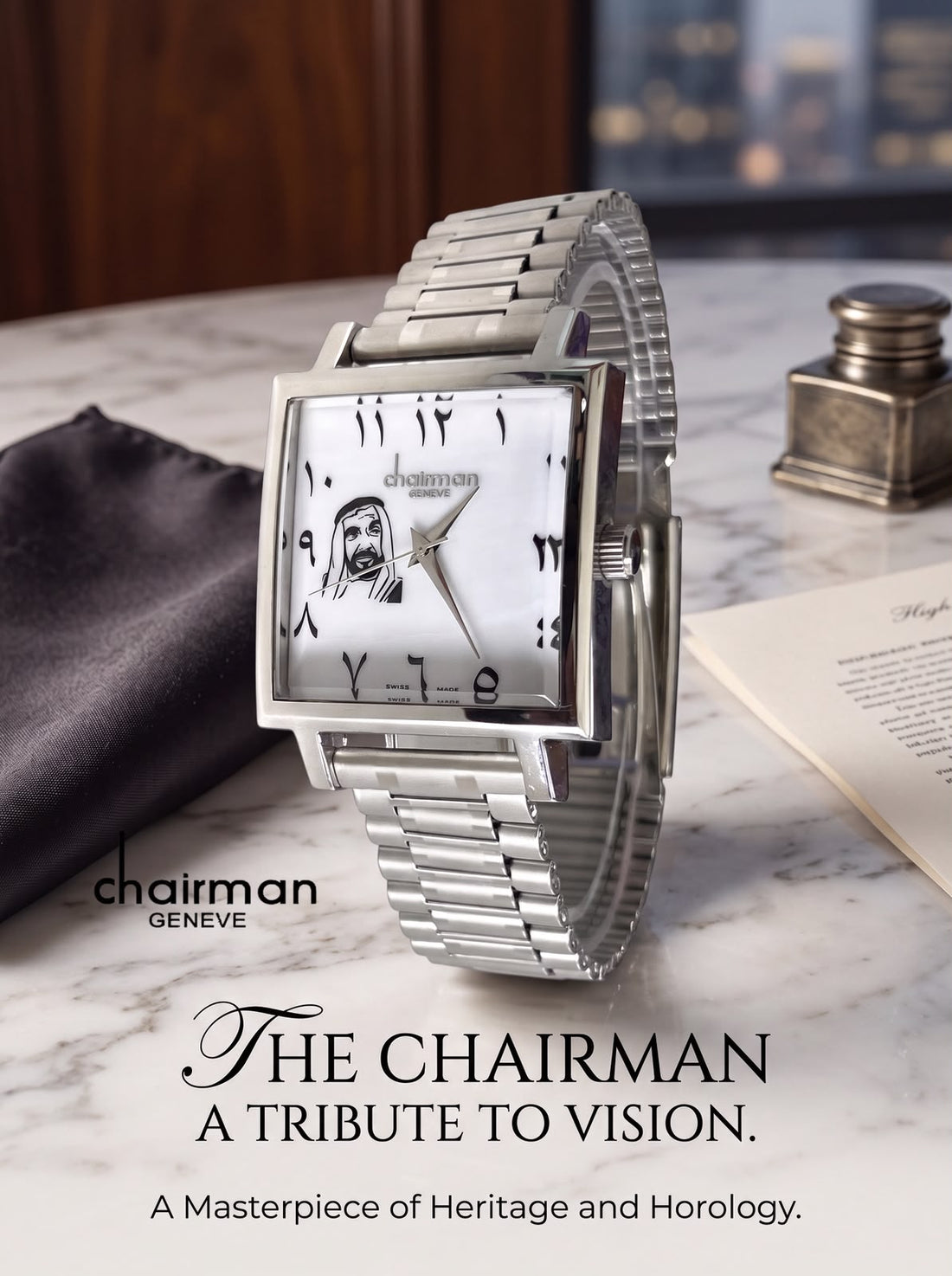 Chairman Geneve UAE Sheikh Arabic White Dial Silver Chain Gents Watch