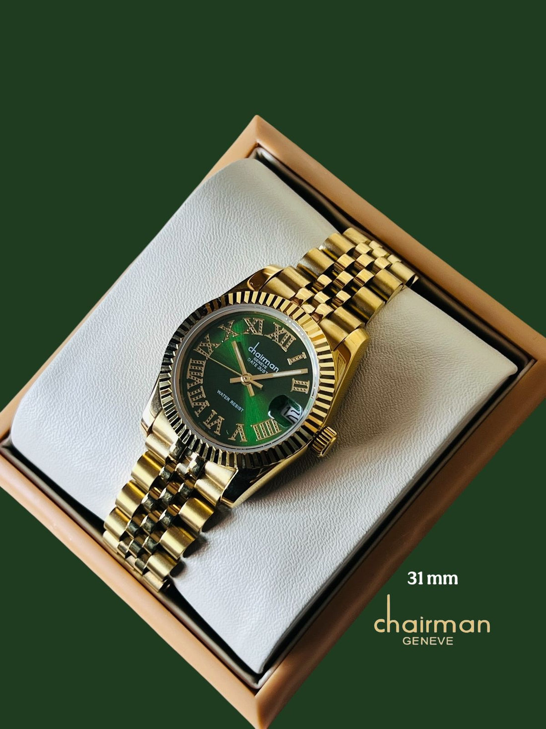 Chairman Geneve Water Resist Roman Dated Green Dial Golden Chain Ladies Watch
