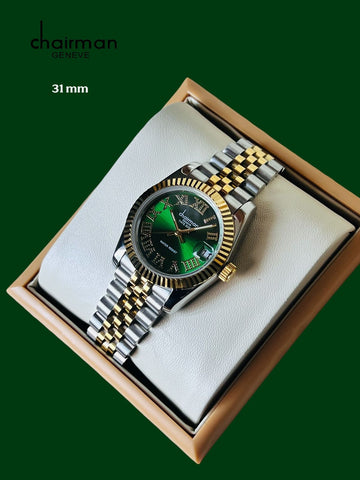 Chairman Geneve Water Resist Roman Dated Green Dial Silver And Gold Chain Ladies Watch