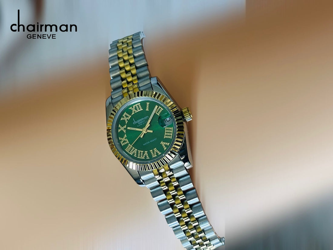 Chairman Geneve Water Resist Roman Dated Green Dial Silver And Gold Chain Ladies Watch