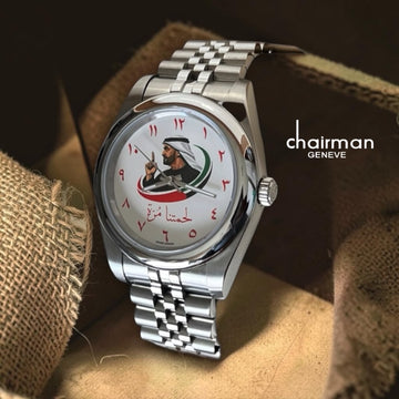 Chairman Geneve White Arabic UAE Sheikh Flag Dial Silver Chain Gents Watch