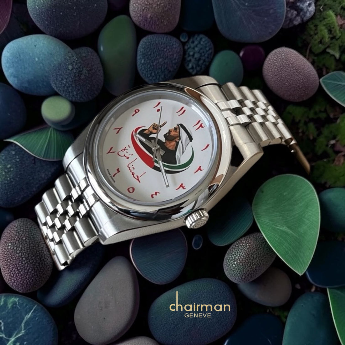 Chairman Geneve White Arabic UAE Sheikh Flag Dial Silver Chain Gents Watch