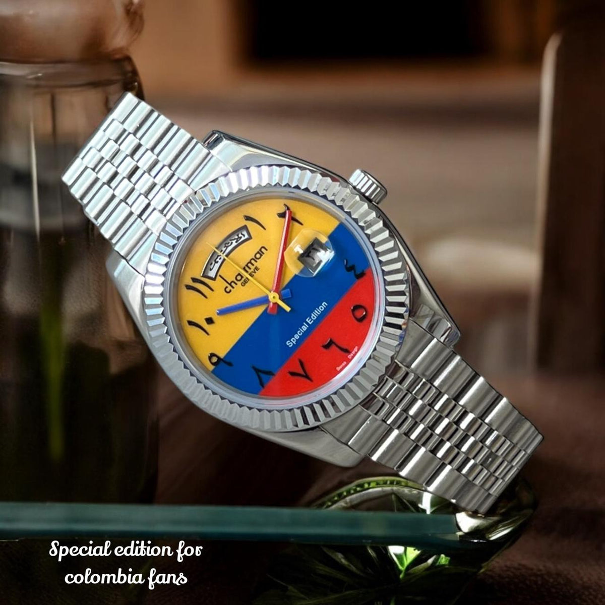 Colombia Fans Chairman Geneve Dated Arabic Mixed Color Dial Silver Chain Gents Watch
