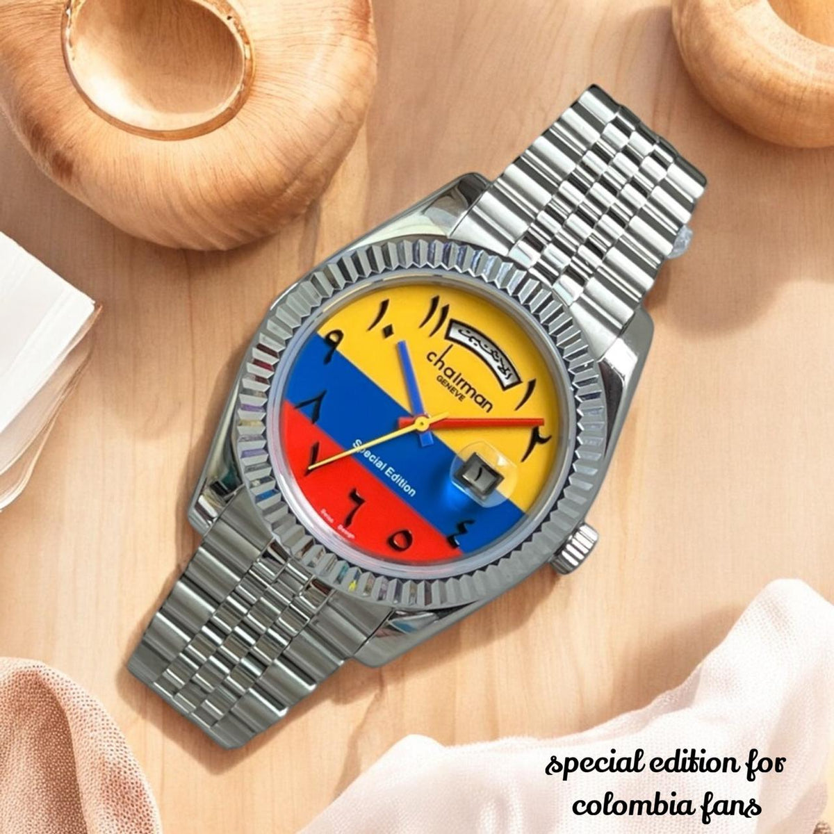 Colombia Fans Chairman Geneve Dated Arabic Mixed Color Dial Silver Chain Gents Watch