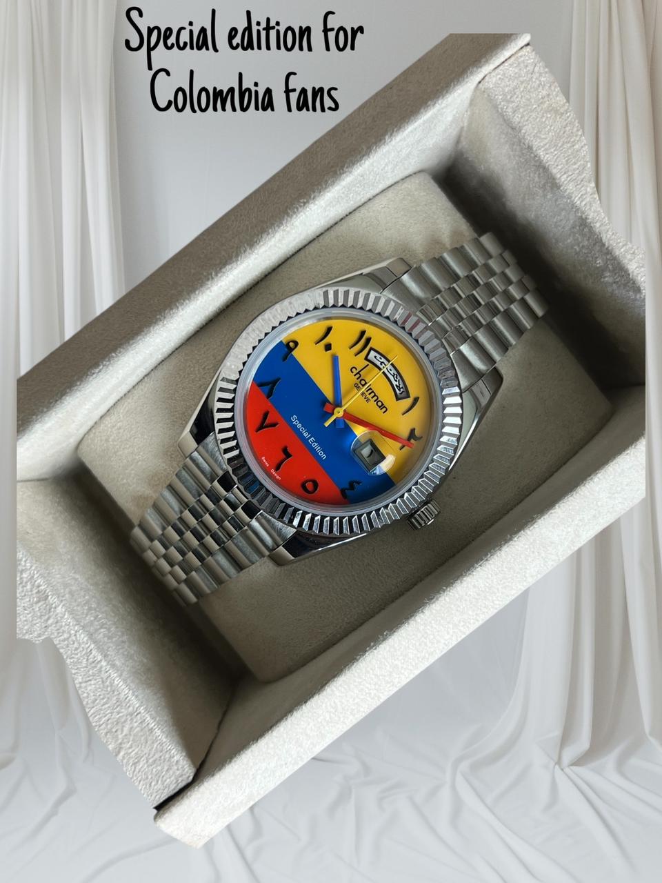 Colombia Fans Chairman Geneve Dated Arabic Mixed Color Dial Silver Chain Gents Watch