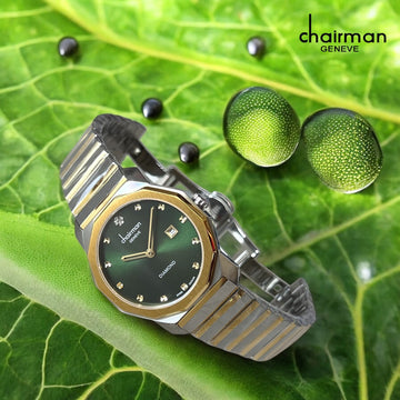 Diamond Chairman Geneve Dated Green Dial Silver And Gold Chain Gents Watch