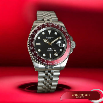 GMT Quartz Chairman Geneve Dated Black Dial Silver Chain Gents Watch
