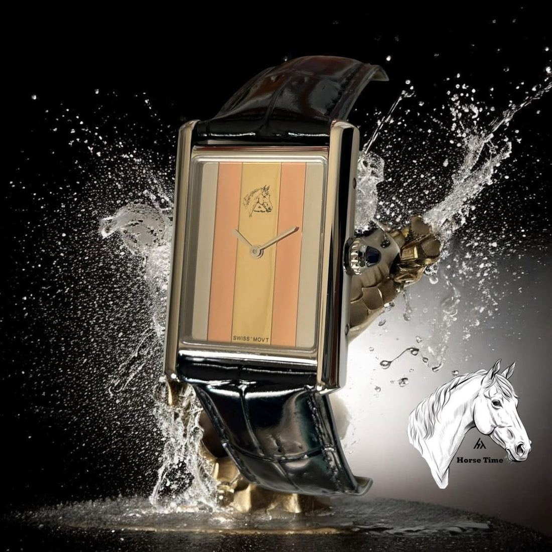 Horse Time Yellow Orange Beige Dial Black Strap Gents Watch