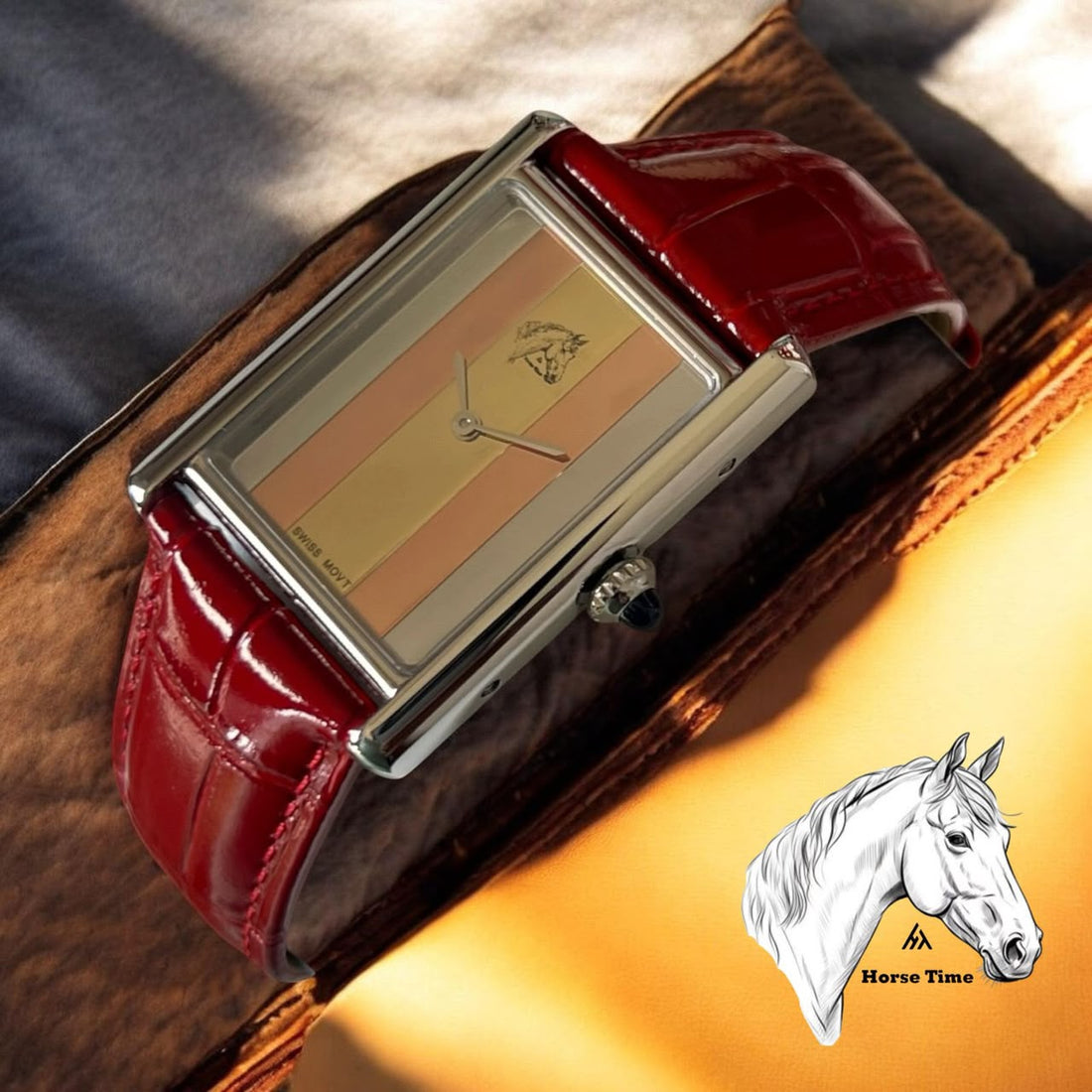 Horse Time Yellow Orange Beige Dial Maroon Strap Gents Watch