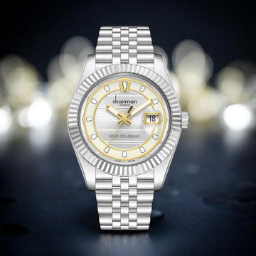 King Chairman Chairman Geneve Dated Grey And Yellow Dial Silver Chain Gents Watch