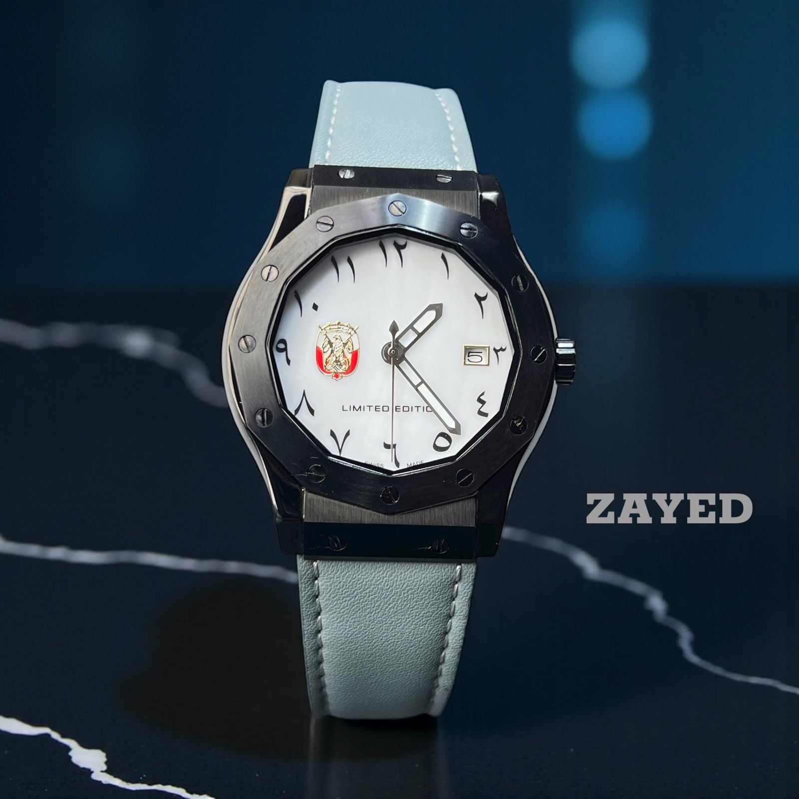 Limited Edition Zayed UAE Emblem Dated Arabic White Dial Grey Strap Gents Watch