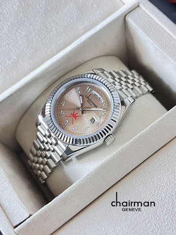 OMAN Emblem Chairman Geneve Arabic Dated Beige Dial Silver Chain Gents Watch