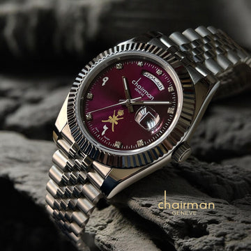 OMAN Emblem Chairman Geneve Arabic Dated Maroon Emblem Silver Chain Gents Watch